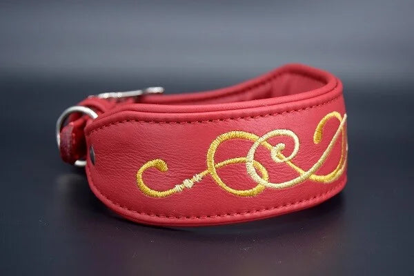 Hundehalsband feinst bestickt, handgefertigte Hundehalsbänder aus Meisterhand. Fettleder Halsband, Riemen Halsband oder klassisches Nappa Halsband, mit Lasergravur, Heiß Geprägt oder feinst bestickt, handmade-4-dogs