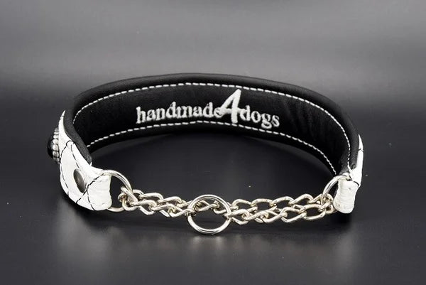 Hundehalsband feinst bestickt, handgefertigte Hundehalsbänder aus Meisterhand. Fettleder Halsband, Riemen Halsband oder klassisches Nappa Halsband, mit Lasergravur, Heiß Geprägt oder feinst bestickt, handmade-4-dogs