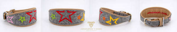 Hundehalsband feinst bestickt, handgefertigte Hundehalsbänder aus Meisterhand. Fettleder Halsband, Riemen Halsband oder klassisches Nappa Halsband, mit Lasergravur, Heiß Geprägt oder feinst bestickt, handmade-4-dogs